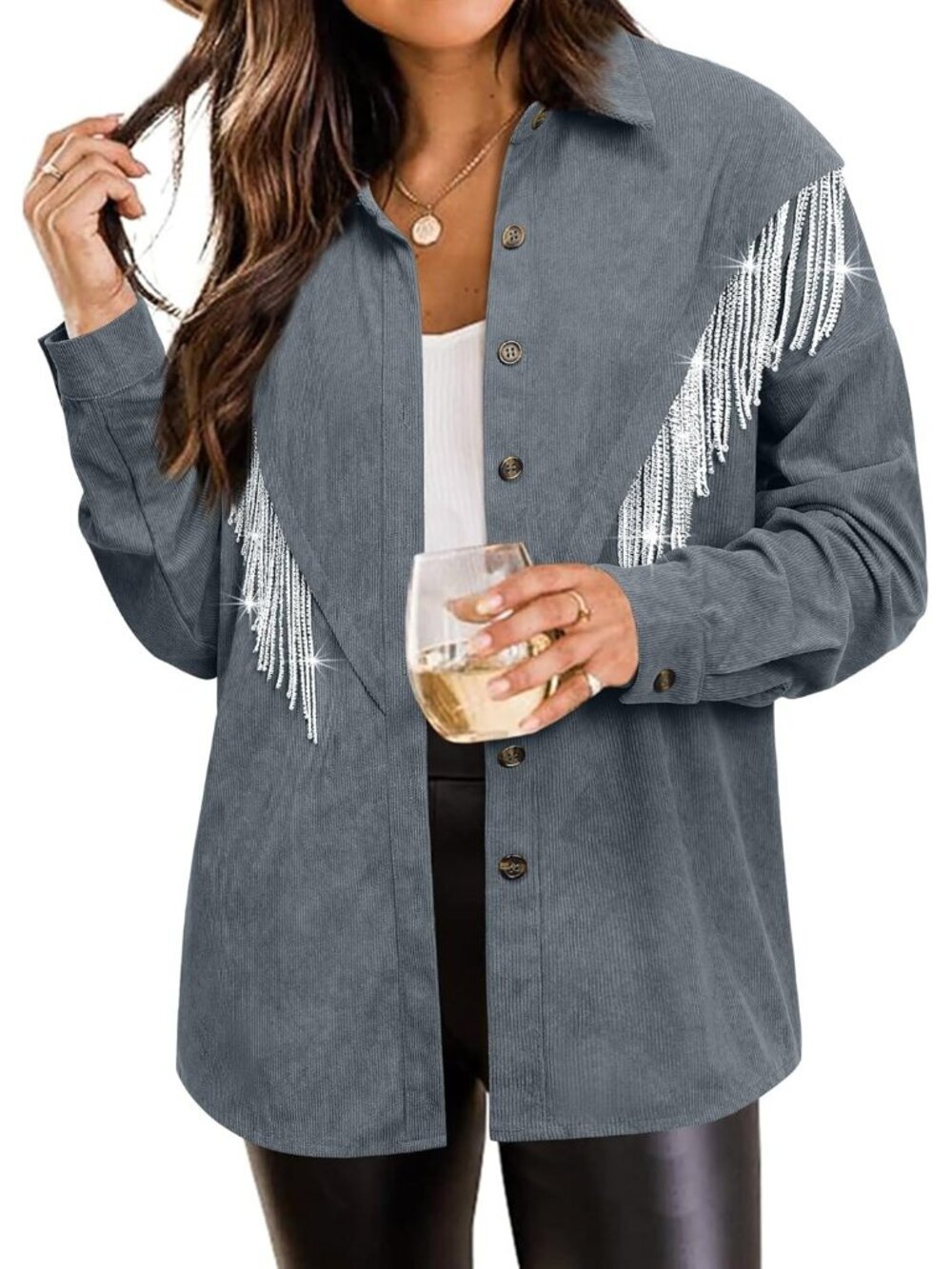 Women's Grey Corduroy Nashville Sparkly Rhinestone Fringe Long Sleeves Jacket - Picture 1 of 6